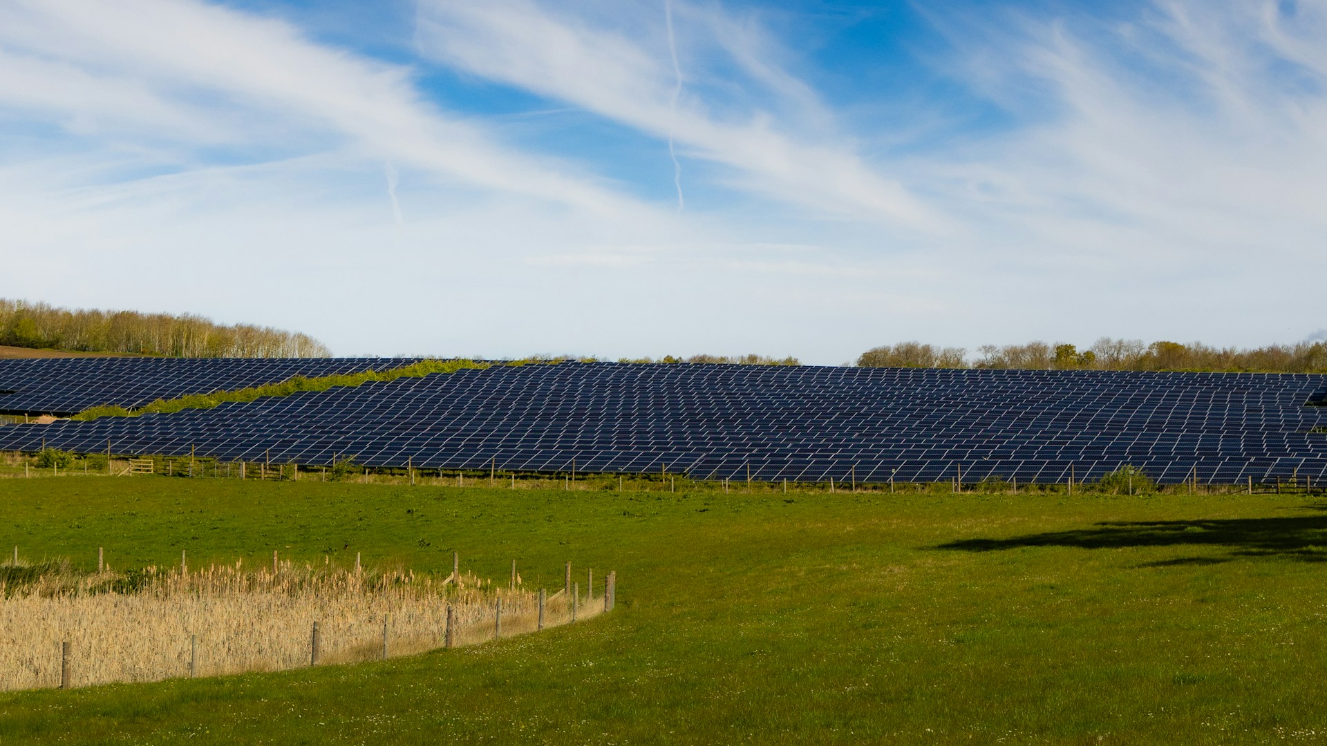 Usina solar em área verde sob céu aberto