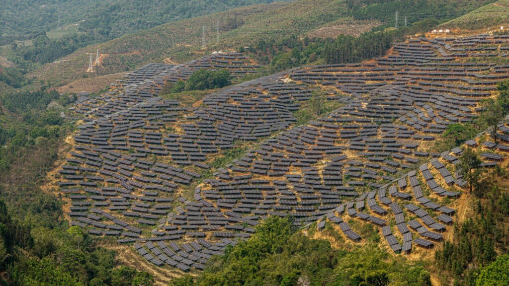 Painéis solares em área rural ligados à rede elétrica